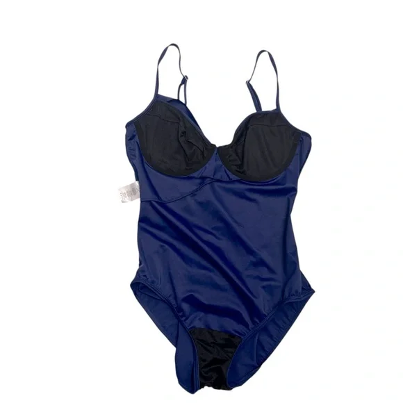 Miraclesuit Navy Wrap Style One Piece Swimsuit Waist Ruching Sz 16